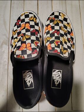 Vans Checkerboard Slip-On Sneakers with Yellow & Red Butterfly Print